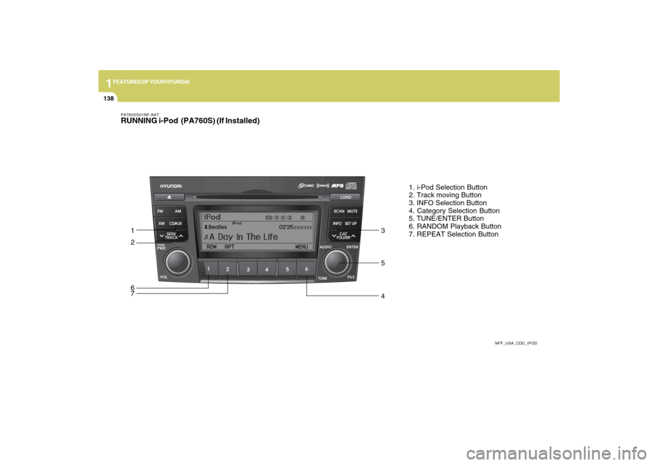 Hyundai Sonata 2009  Owners Manual 1FEATURES OF YOUR HYUNDAI
138
PA760SG01NF-AATRUNNING i-Pod  (PA760S) (If Installed)
NFF_USA_CDC_IPOD
1. i-Pod Selection Button
2. Track moving Button
3. INFO Selection Button
4. Category Selection But