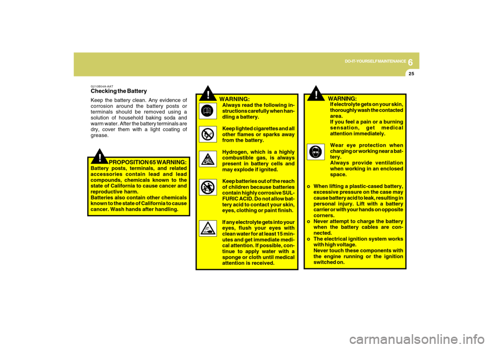 Hyundai Sonata 2009  Owners Manual 6
DO-IT-YOURSELF MAINTENANCE
25
!
G210B04A-AATChecking the BatteryKeep the battery clean. Any evidence of
corrosion around the battery posts or
terminals should be removed using a
solution of househol