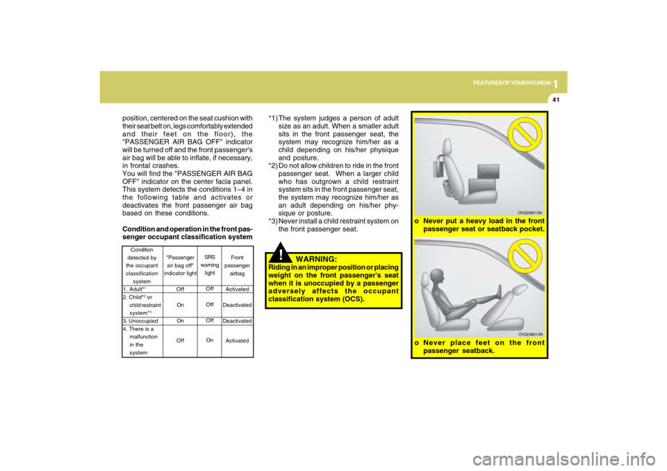 Hyundai Sonata 2009 Owners Manual 1
FEATURES OF YOUR HYUNDAI
41
!
position, centered on the seat cushion with
their seat belt on, legs comfortably extended
and their feet on the floor), the
"PASSENGER AIR BAG OFF" indicator
will be tu Hyundai Sonata 2009 Owners Manual 1
FEATURES OF YOUR HYUNDAI
41
!
position, centered on the seat cushion with
their seat belt on, legs comfortably extended
and their feet on the floor), the
"PASSENGER AIR BAG OFF" indicator
will be tu