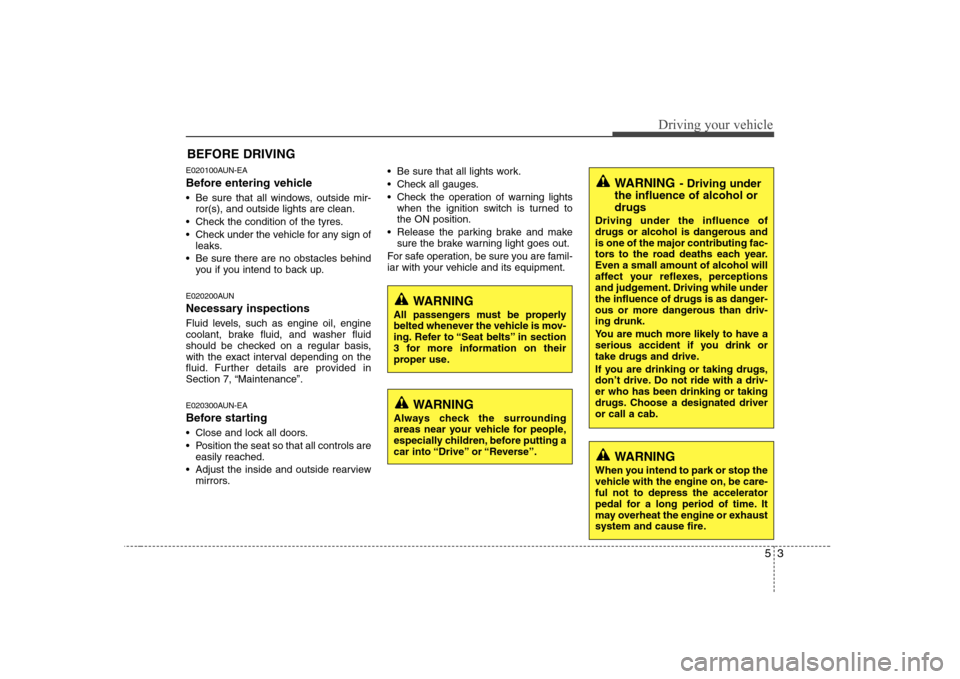 Hyundai Sonata 2009  Owners Manual - RHD (UK, Australia) 53
Driving your vehicle
E020100AUN-EA 
Before entering vehicle 
• Be sure that all windows, outside mir-ror(s), and outside lights are clean.
 Check the condition of the tyres. 
 Check under the veh