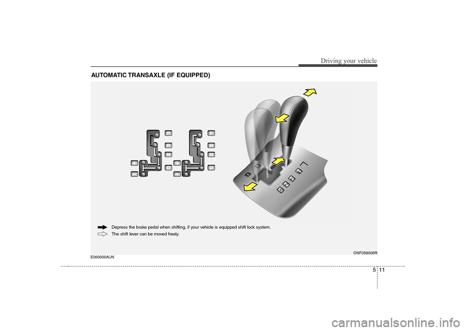 Hyundai Sonata 2009  Owners Manual - RHD (UK, Australia) 511
Driving your vehicle
E060000AUNAUTOMATIC TRANSAXLE (IF EQUIPPED)ONF058006R
The shift lever can be moved freely.
Depress the brake pedal when shifting, if your vehicle is equipped shift lock system