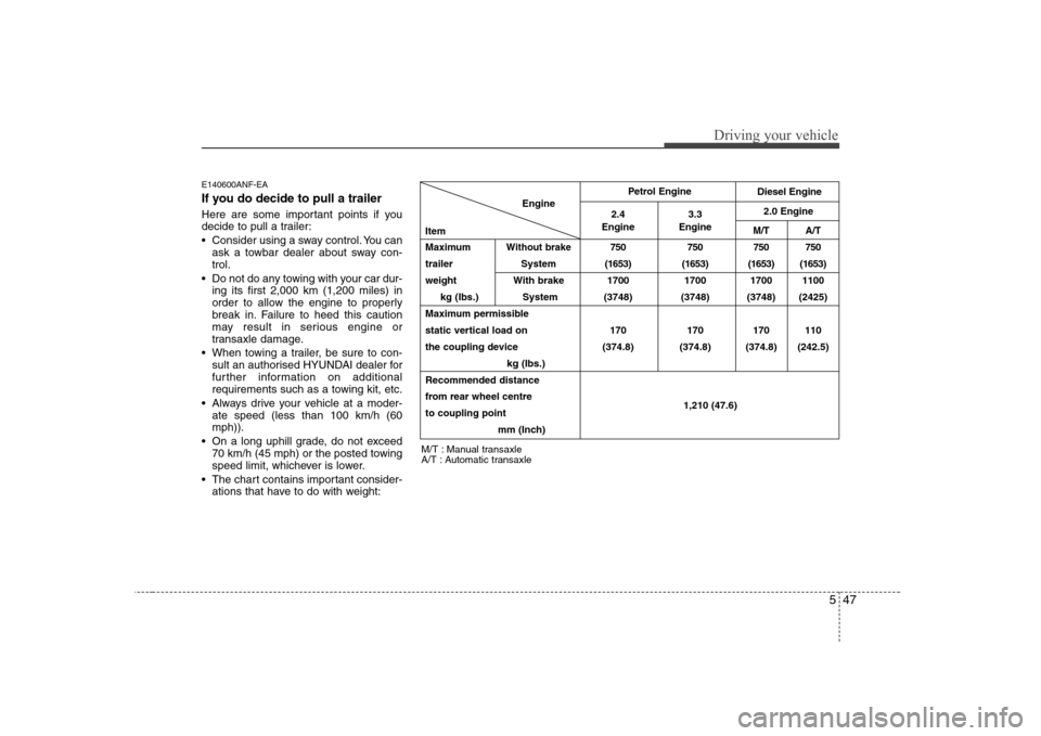 Hyundai Sonata 2009  Owners Manual - RHD (UK, Australia) 547
Driving your vehicle
E140600ANF-EA 
If you do decide to pull a trailer 
Here are some important points if you 
decide to pull a trailer: 
 Consider using a sway control. You canask a towbar dealer
