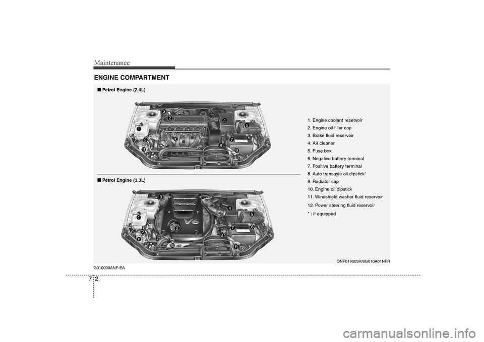 Hyundai Sonata 2009  Owners Manual - RHD (UK, Australia) Maintenance
2
7
ENGINE COMPARTMENT 
ONF019003R/8G010A01NFR
G010000ANF-EA 1. Engine coolant reservoir 
2. Engine oil filler cap
3. Brake fluid reservoir
4. Air cleaner
5. Fuse box
6. Negative battery t