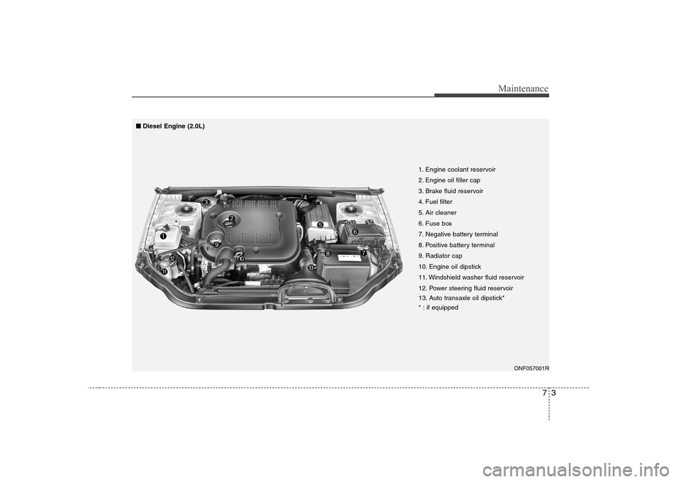 Hyundai Sonata 2009  Owners Manual - RHD (UK, Australia) 73
Maintenance
ONF057001R
1. Engine coolant reservoir 
2. Engine oil filler cap
3. Brake fluid reservoir
4. Fuel filter
5. Air cleaner
6. Fuse box
7. Negative battery terminal
8. Positive battery term
