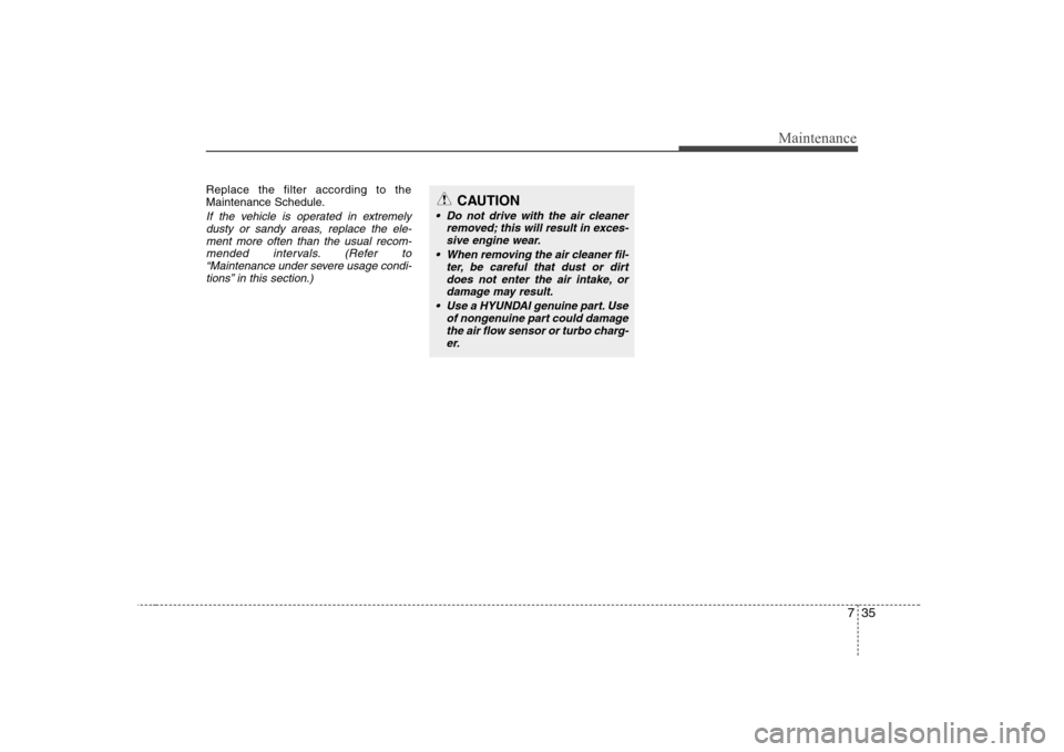 Hyundai Sonata 2009  Owners Manual - RHD (UK, Australia) 735
Maintenance
Replace the filter according to the 
Maintenance Schedule.
If the vehicle is operated in extremelydusty or sandy areas, replace the ele-
ment more often than the usual recom-mended int