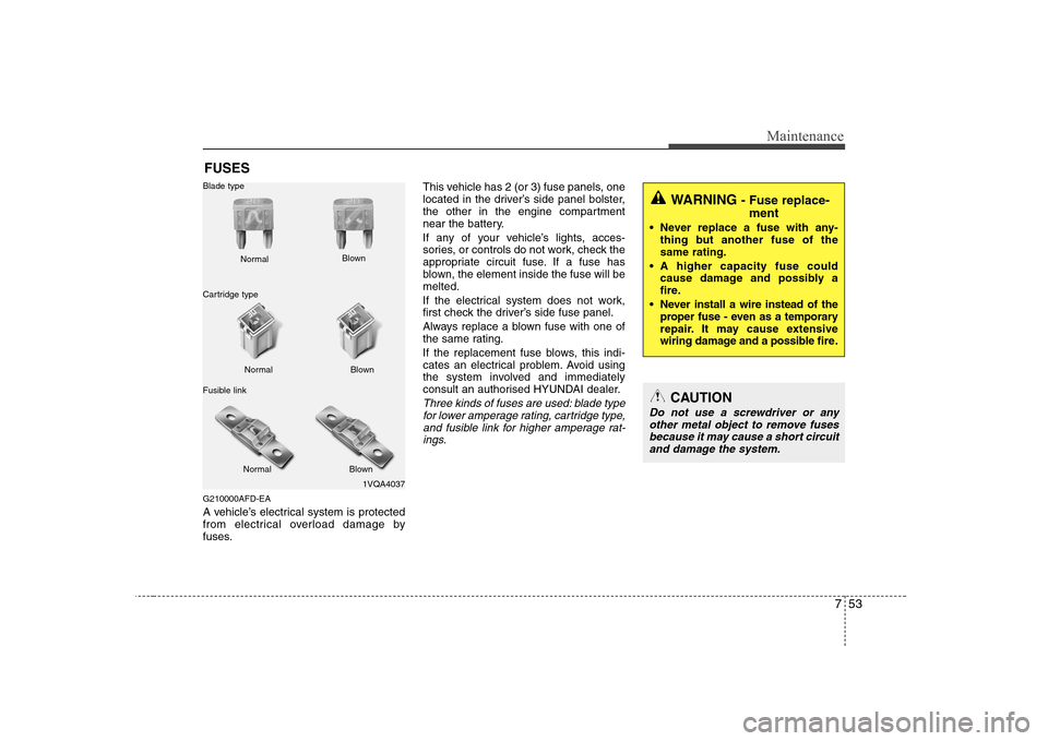 Hyundai Sonata 2009  Owners Manual - RHD (UK, Australia) 753
Maintenance
FUSES
G210000AFD-EA 
A vehicle’s electrical system is protected 
from electrical overload damage by
fuses. This vehicle has 2 (or 3) fuse panels, one
located in the driver’s side p