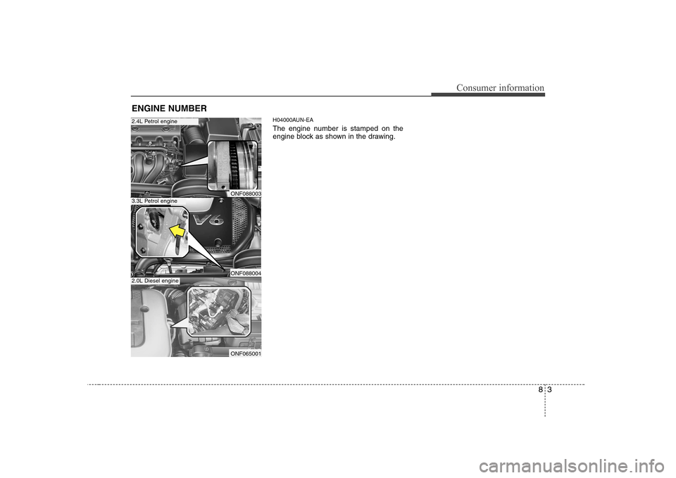 Hyundai Sonata 2009  Owners Manual - RHD (UK, Australia) 83
Consumer information
H04000AUN-EA 
The engine number is stamped on the 
engine block as shown in the drawing.
ENGINE NUMBER
ONF088003
ONF088004
ONF065001
2.4L Petrol engine
3.3L Petrol engine
2.0L 