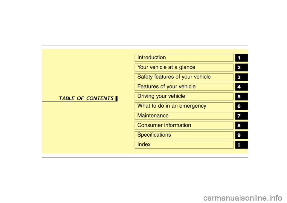 Hyundai Sonata 2009  Owners Manual - RHD (UK, Australia) 1 2 3 4 5 6 789Introduction
Your vehicle at a glance
Safety features of your vehicle
Features of your vehicle
Driving your vehicle
What to do in an emergency
Maintenance
Consumer information
Specifica