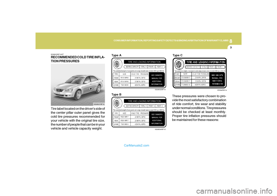 Hyundai Sonata 2008  Owners Manual 8
CONSUMER INFORMATION, REPORTING SAFETY DEFECTS & BINDING ARBITRATION OF WARRANTY CLAIMS
3
I030A03NF-AATRECOMMENDED COLD TIRE INFLA-
TION PRESSURES
Tire label located on the drivers side of
the cent