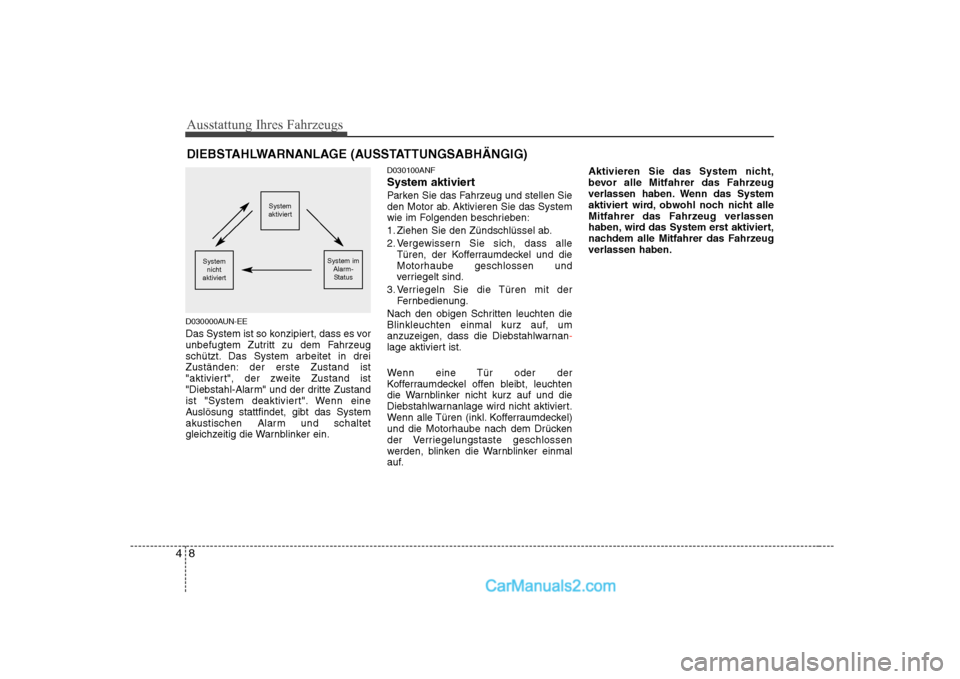 Hyundai Sonata 2008 Betriebsanleitung (in German) Ausstattung Ihres Fahrzeugs
8
4
D030000AUN-EE
Das System ist so konzipiert, dass es vor
unbefugtem Zutritt zu dem Fahrzeug
schützt. Das System arbeitet in drei
Zuständen: der erste Zustand ist
"ak Hyundai Sonata 2008 Betriebsanleitung (in German) Ausstattung Ihres Fahrzeugs
8
4
D030000AUN-EE
Das System ist so konzipiert, dass es vor
unbefugtem Zutritt zu dem Fahrzeug
schützt. Das System arbeitet in drei
Zuständen: der erste Zustand ist
"ak