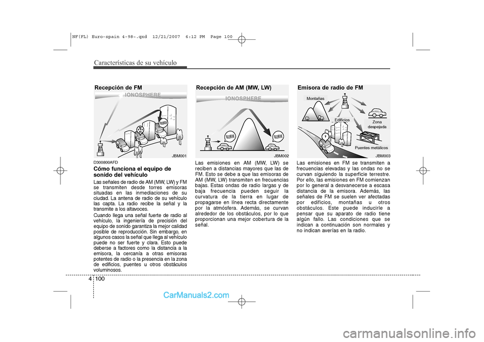 Hyundai Sonata 2008  Manual del propietario (in Spanish) Características de su vehículo
100
4
D300800AFD Cómo funciona el equipo de sonido del vehículo 
Las señales de radio de AM (MW, LW) y FM 
se transmiten desde torres emisorassituadas en las inmedi