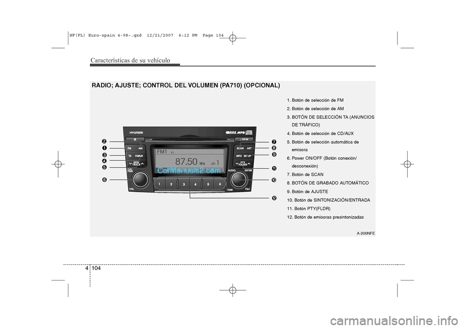 Hyundai Sonata 2008  Manual del propietario (in Spanish) Características de su vehículo
104
4
A-200NFE
RADIO; AJUSTE; CONTROL DEL VOLUMEN (PA710) (OPCIONAL)
1. Botón de selección de FM 
2. Botón de selección de AM
3. BOTÓN DE SELECCIÓN TA (ANUNCIOSD