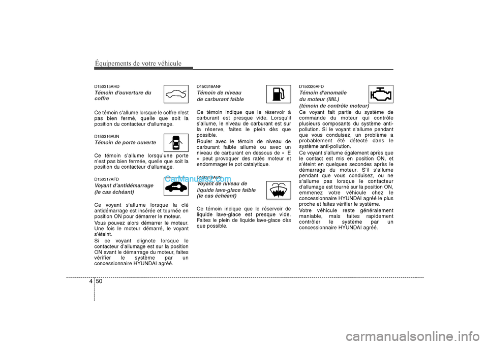 Hyundai Sonata 2008 Manuel du propriétaire (in French) Équipements de votre véhicule
50
4
D150315AHD
Témoin douverture du
coffre
Ce témoin sallume lorsque le coffre nest
pas bien fermé, quelle que soit la
position du contacteur dallumage.
D1503 Hyundai Sonata 2008 Manuel du propriétaire (in French) Équipements de votre véhicule
50
4
D150315AHD
Témoin douverture du
coffre
Ce témoin sallume lorsque le coffre nest
pas bien fermé, quelle que soit la
position du contacteur dallumage.
D1503