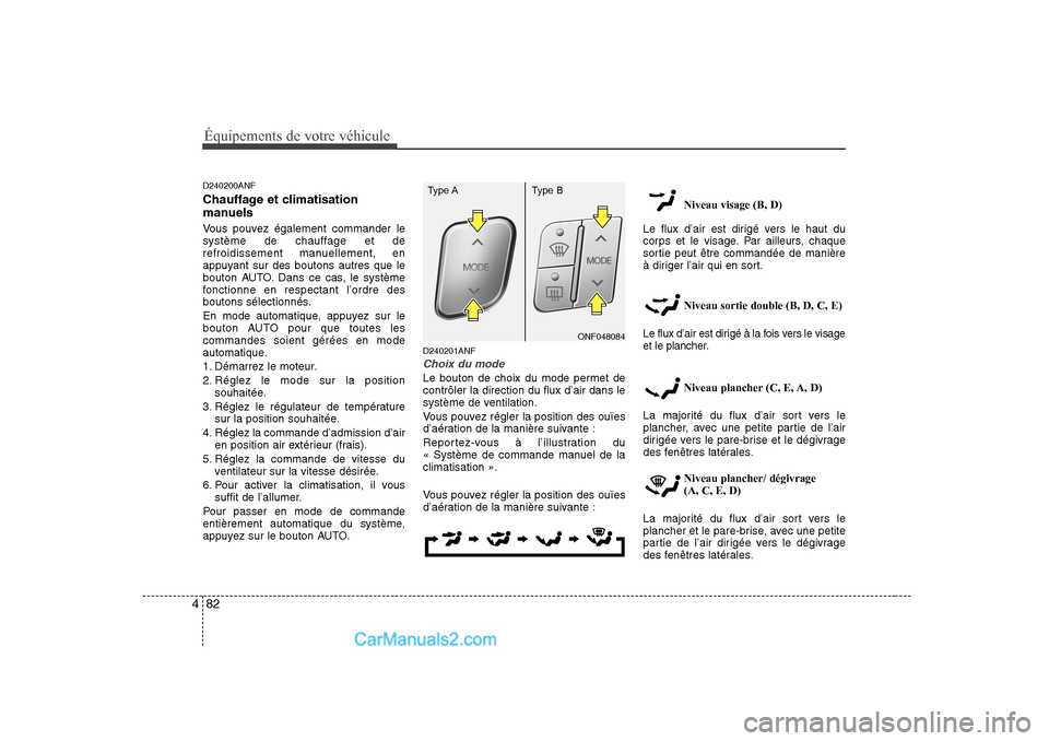 Hyundai Sonata 2008 Manuel du propriétaire (in French) Équipements de votre véhicule
82
4
D240200ANF
Chauffage et climatisation
manuels
Vous pouvez également commander le
système de chauffage et de
refroidissement manuellement, en
appuyant sur des Hyundai Sonata 2008 Manuel du propriétaire (in French) Équipements de votre véhicule
82
4
D240200ANF
Chauffage et climatisation
manuels
Vous pouvez également commander le
système de chauffage et de
refroidissement manuellement, en
appuyant sur des