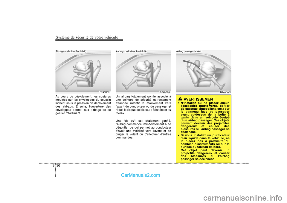 Hyundai Sonata 2008  Manuel du propriétaire (in French) Système de sécurité de votre véhicule 
36
3
Au cours du déploiement, les coutures 
moulées sur les enveloppes du coussinlâchent sous la pression de déploiement
des airbags. Ensuite, louvertur