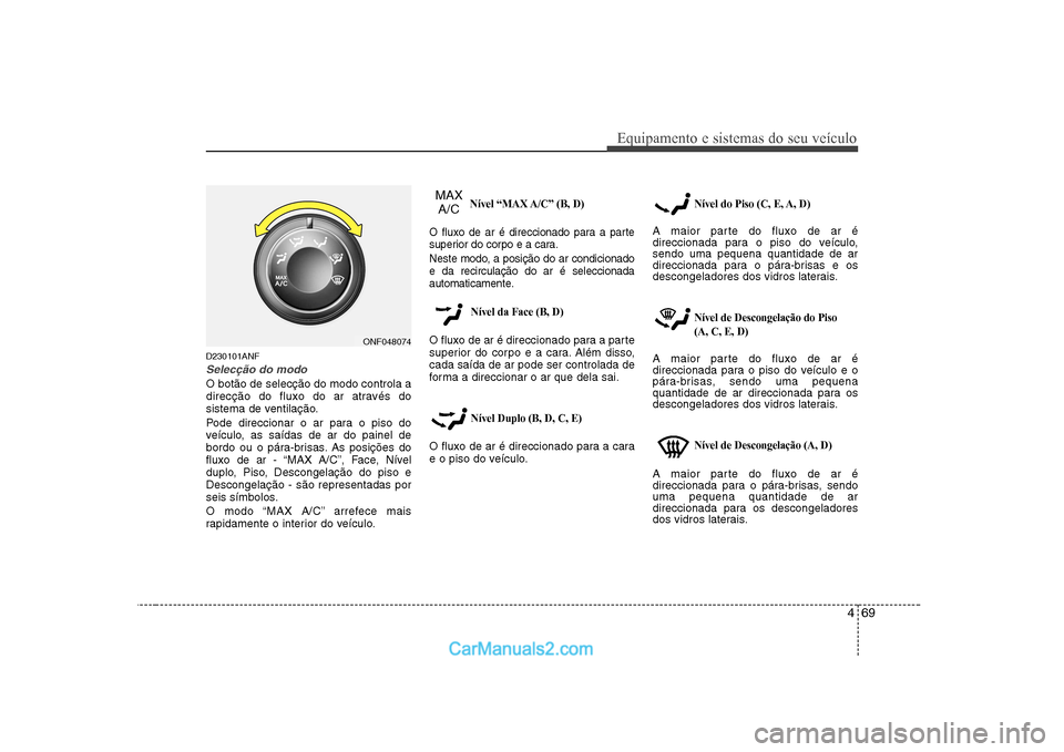 Hyundai Sonata 2008 Manual do proprietário (in Portuguese) 469
Equipamento e sistemas do seu veículo
D230101ANF
Selecção do modo
O botão de selecção do modo controla a
direcção do fluxo do ar através do
sistema de ventilação.
Pode direccionar o a Hyundai Sonata 2008 Manual do proprietário (in Portuguese) 469
Equipamento e sistemas do seu veículo
D230101ANF
Selecção do modo
O botão de selecção do modo controla a
direcção do fluxo do ar através do
sistema de ventilação.
Pode direccionar o a