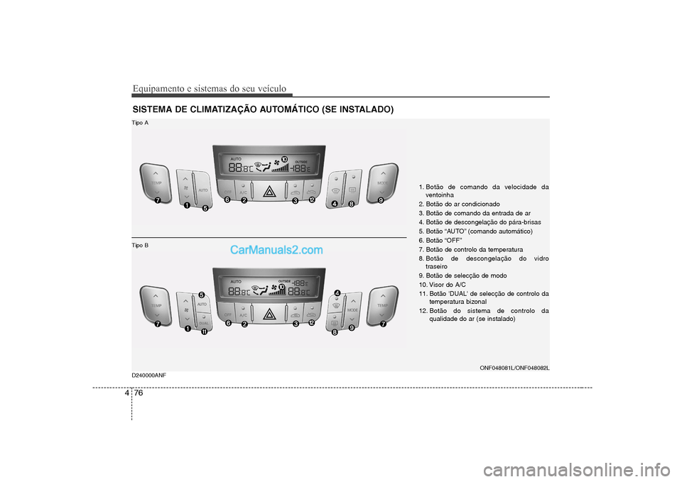 Hyundai Sonata 2008  Manual do proprietário (in Portuguese) Equipamento e sistemas do seu veículo
76
4
SISTEMA DE CLIMATIZAÇÃO AUTOMÁTICO (SE INSTALADO)
1. Botão de comando da velocidade da
ventoinha
2. Botão do ar condicionado 
3. Botão de comando da e