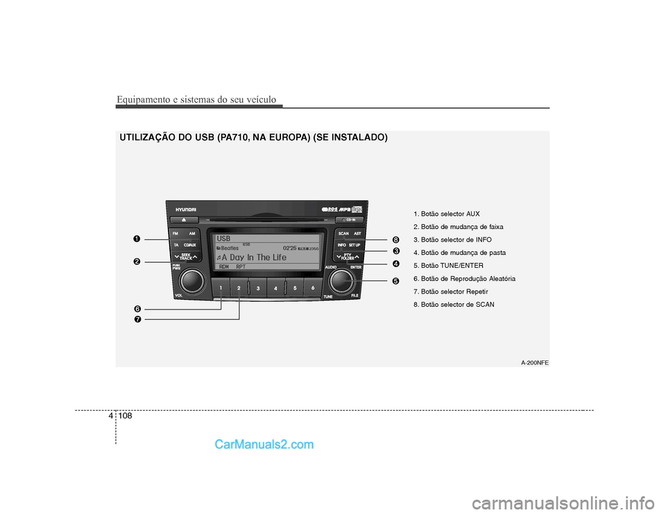 Hyundai Sonata 2008  Manual do proprietário (in Portuguese) Equipamento e sistemas do seu veículo
108
4
UTILIZAÇÃO DO USB (PA710, NA EUROPA) (SE INSTALADO)
1. Botão selector AUX 
2. Botão de mudança de faixa
3. Botão selector de INFO 
4. Botão de mudan