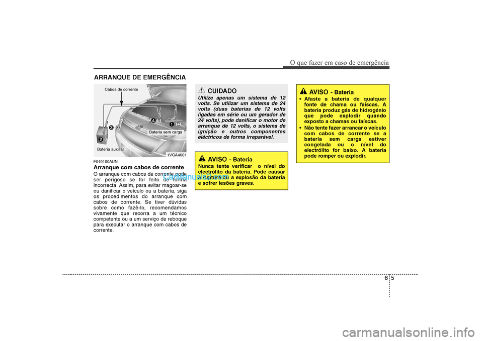 Hyundai Sonata 2008 Manual do proprietário (in Portuguese) 65
O que fazer em caso de emergência
ARRANQUE DE EMERGÊNCIA
F040100AUN Arranque com cabos de corrente
O arranque com cabos de corrente pode
ser perigoso se for feito de forma
incorrecta. Assim, par Hyundai Sonata 2008 Manual do proprietário (in Portuguese) 65
O que fazer em caso de emergência
ARRANQUE DE EMERGÊNCIA
F040100AUN Arranque com cabos de corrente
O arranque com cabos de corrente pode
ser perigoso se for feito de forma
incorrecta. Assim, par