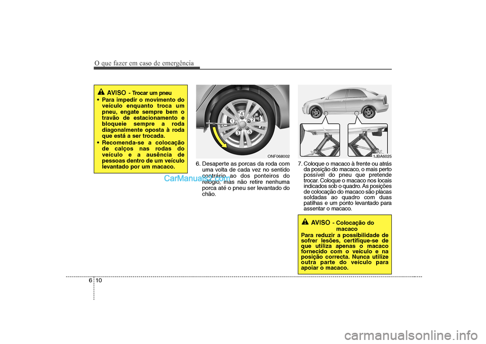 Hyundai Sonata 2008  Manual do proprietário (in Portuguese) O que fazer em caso de emergência
10
6
6. Desaperte as porcas da roda com
uma volta de cada vez no sentido 
contrário ao dos ponteiros do
relógio, mas não retire nenhuma
porca até o pneu ser leva