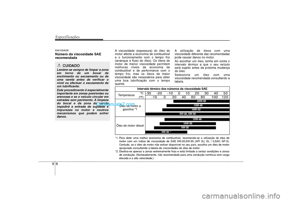 Hyundai Sonata 2008  Manual do proprietário (in Portuguese) Especificações
6
9
I040100AUN 
Número da viscosidade SAE recomendada   A viscosidade (espessura) do óleo do 
motor afecta a economia de combustível
e o funcionamento com o tempo frio
(arranque e 