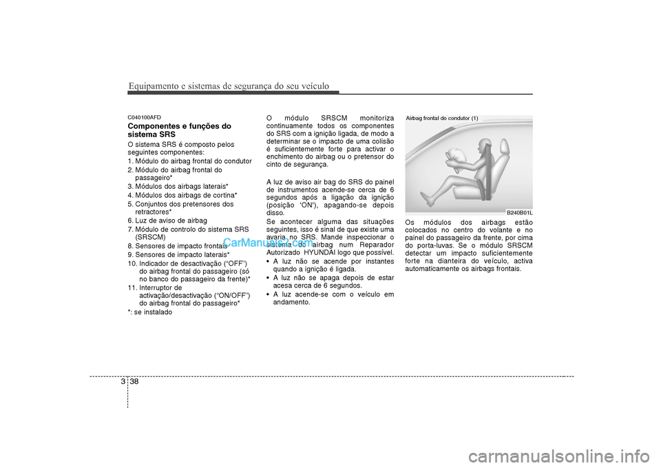 Hyundai Sonata 2008  Manual do proprietário (in Portuguese) Equipamento e sistemas de segurança do seu veículo
38
3
C040100AFD Componentes e funções do sistema SRS O sistema SRS é composto pelos seguintes componentes: 
1. Módulo do airbag frontal do cond