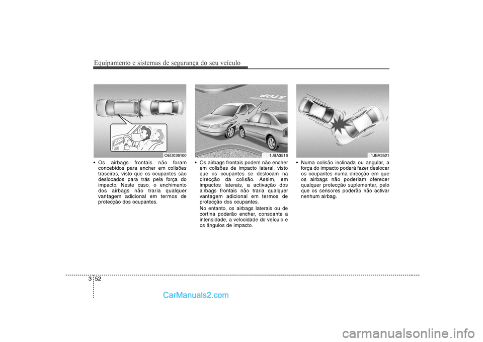 Hyundai Sonata 2008  Manual do proprietário (in Portuguese) Equipamento e sistemas de segurança do seu veículo
52
3
 Os airbags frontais não foram
concebidos para encher em colisões 
traseiras, visto que os ocupantes são
deslocados para trás pela força 
