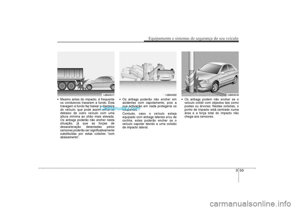 Hyundai Sonata 2008  Manual do proprietário (in Portuguese) 353
Equipamento e sistemas de segurança do seu veículo
 Mesmo antes do impacto, é frequenteos condutores travarem a fundo. Esta 
travagem a fundo faz baixar a dianteira
do veículo, que pode assim 