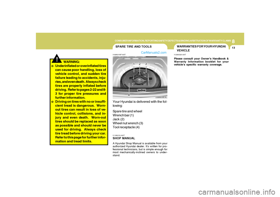 Hyundai Sonata 2007  Owners Manual 8
CONSUMER INFORMATION, REPORTING SAFETY DEFECTS & BINDING ARBITRATION OF WARRANTY CLAIMS
13
!
SPARE TIRE AND TOOLSI100A01NF-AATYour Hyundai is delivered with the fol-
lowing:
Spare tire and wheel
Wre
