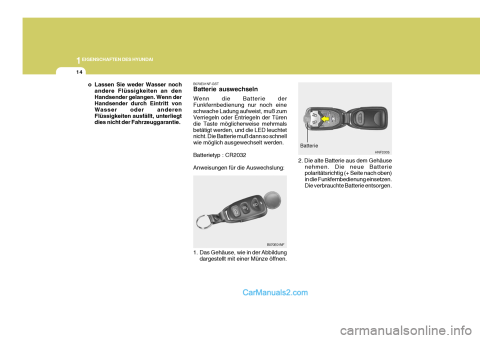 Hyundai Sonata 2007  Betriebsanleitung (in German) 1EIGENSCHAFTEN DES HYUNDAI
14
HNF2005
Batterie
2. Die alte Batterie aus dem Gehäuse nehmen. Die neue Batterie polaritätsrichtig (+ Seite nach oben) in die Funkfernbedienung einsetzen. Die verbraucht