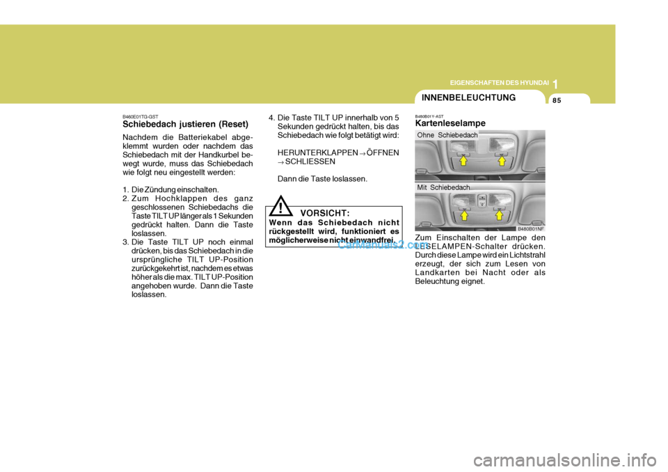 Hyundai Sonata 2007 Betriebsanleitung (in German) 1
EIGENSCHAFTEN DES HYUNDAI
85
B480B01Y-AST
Kartenleselampe Zum Einschalten der Lampe den LESELAMPEN-Schalter drücken. Durch diese Lampe wird ein Lichtstrahl erzeugt, der sich zum Lesen vonLandkarte Hyundai Sonata 2007 Betriebsanleitung (in German) 1
EIGENSCHAFTEN DES HYUNDAI
85
B480B01Y-AST
Kartenleselampe Zum Einschalten der Lampe den LESELAMPEN-Schalter drücken. Durch diese Lampe wird ein Lichtstrahl erzeugt, der sich zum Lesen vonLandkarte