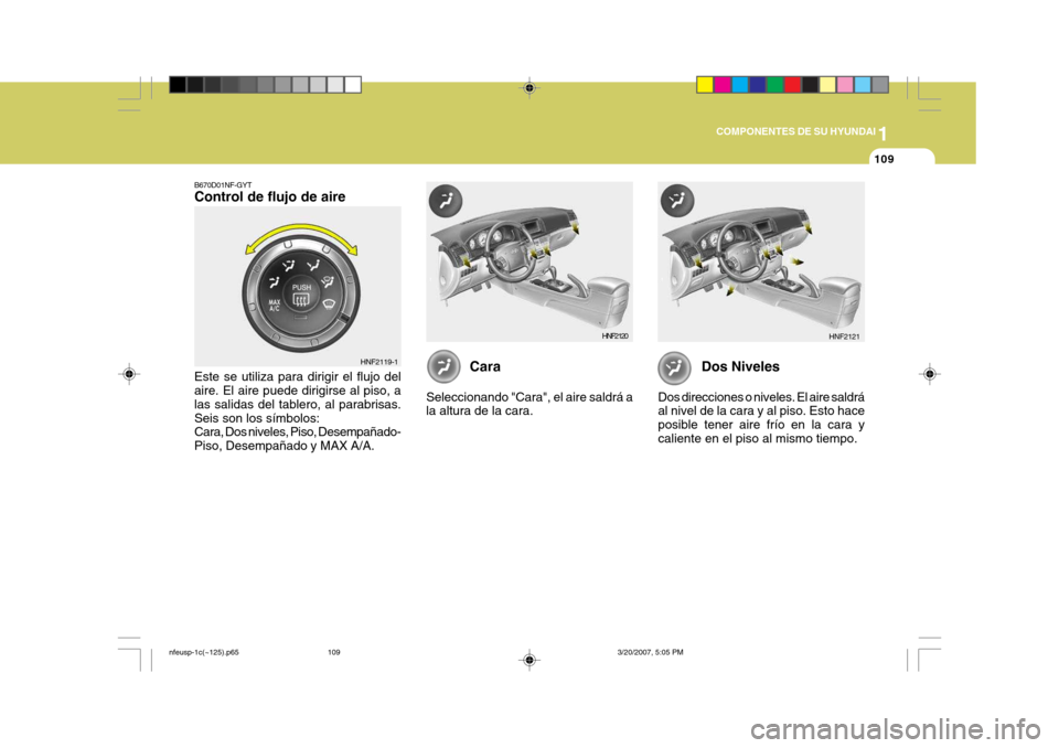 Hyundai Sonata 2007  Manual del propietario (in Spanish) 1
COMPONENTES DE SU HYUNDAI
109
B670D01NF-GYT Control de flujo de aire Este se utiliza para dirigir el flujo del aire. El aire puede dirigirse al piso, a las salidas del tablero, al parabrisas.Seis so