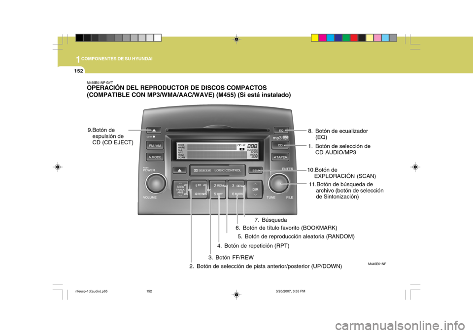 Hyundai Sonata 2007  Manual del propietario (in Spanish) 1COMPONENTES DE SU HYUNDAI
152
M455E01NF-GYT OPERACIÓN DEL REPRODUCTOR DE DISCOS COMPACTOS (COMPATIBLE CON MP3/WMA/AAC/WAVE) (M455) (Si está instalado)
M445E01NF
1. Botón de selección de
CD AUDIO/