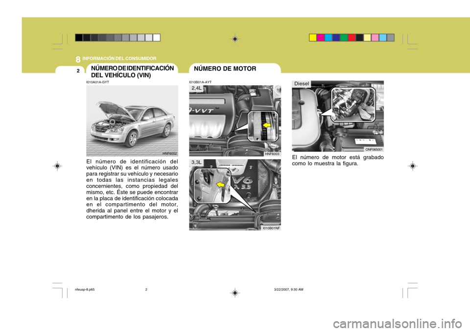 Hyundai Sonata 2007  Manual del propietario (in Spanish) 8INFORMACIÓN DEL CONSUMIDOR
2NÚMERO DE MOTORNÚMERO DE IDENTIFICACIÓN DEL VEHÍCULO (VIN)
I010B01A-AYT
I010A01A-GYT El número de identificación del vehículo (VIN) es el número usado para regist