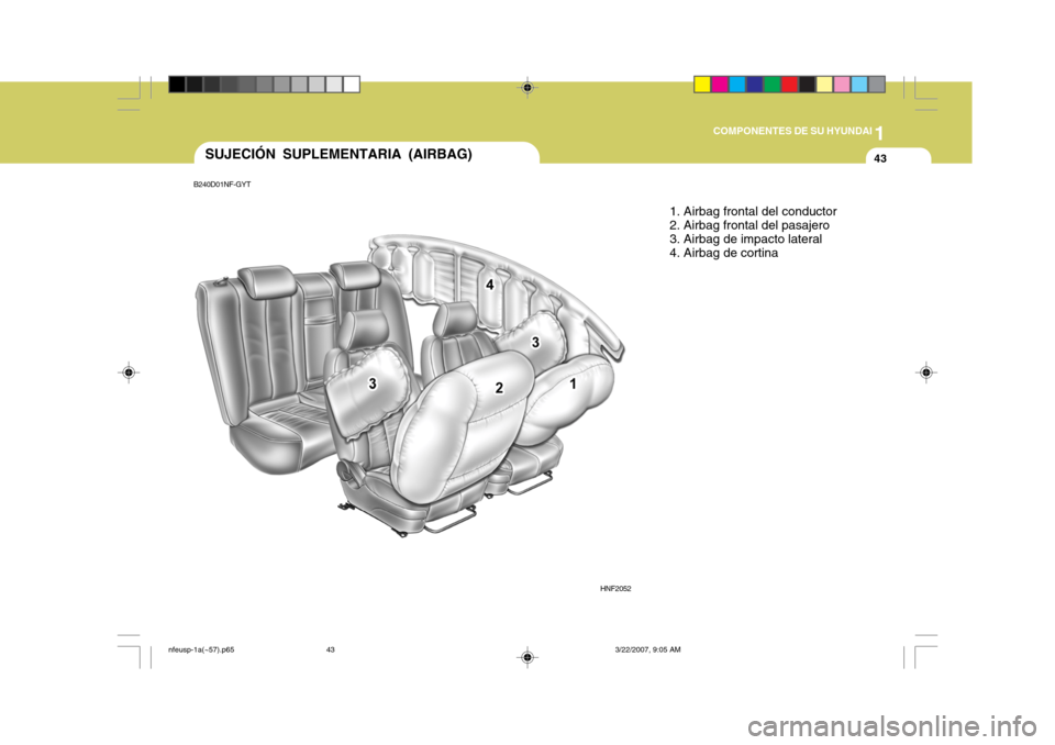 Hyundai Sonata 2007  Manual del propietario (in Spanish) 1
COMPONENTES DE SU HYUNDAI
43SUJECIÓN SUPLEMENTARIA (AIRBAG)
1. Airbag frontal del conductor 2. Airbag frontal del pasajero3. Airbag de impacto lateral 4. Airbag de cortina
HNF2052
B240D01NF-GYT
nfe