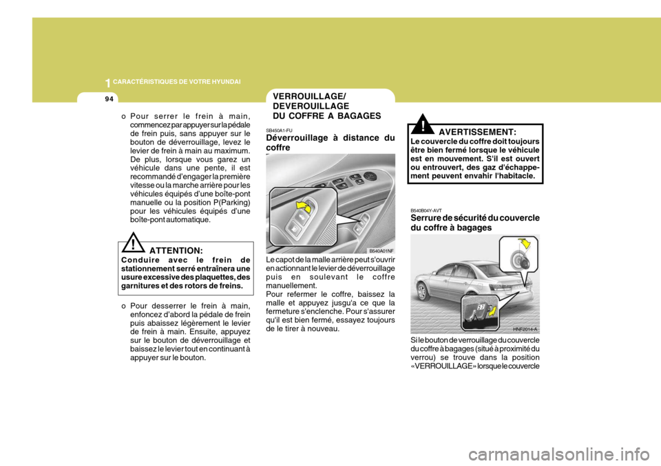 Hyundai Sonata 2007  Manuel du propriétaire (in French) 1CARACTÉRISTIQUES DE VOTRE HYUNDAI
94
!AVERTISSEMENT:
Le couvercle du coffre doit toujours être bien fermé lorsque le véhicule est en mouvement. Sil est ouvertou entrouvert, des gaz déchappe- m