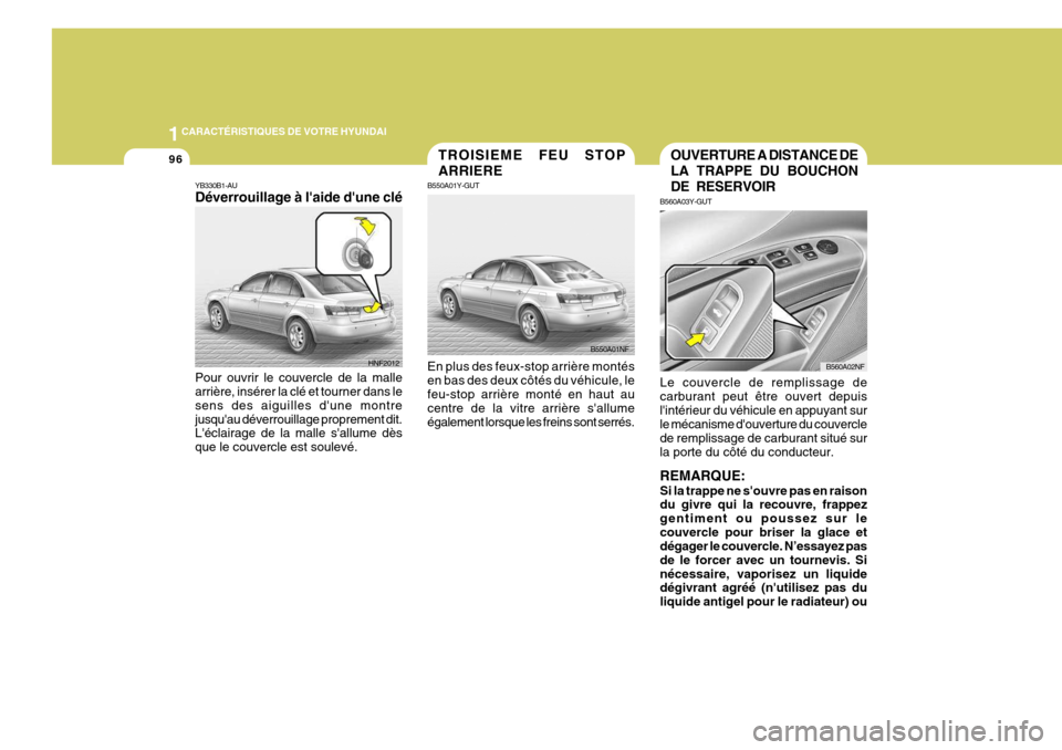 Hyundai Sonata 2007  Manuel du propriétaire (in French) 1CARACTÉRISTIQUES DE VOTRE HYUNDAI
96OUVERTURE A DISTANCE DE LA TRAPPE DU BOUCHONDE RESERVOIR
B560A03Y-GUT Le couvercle de remplissage de carburant peut être ouvert depuislintérieur du véhicule e