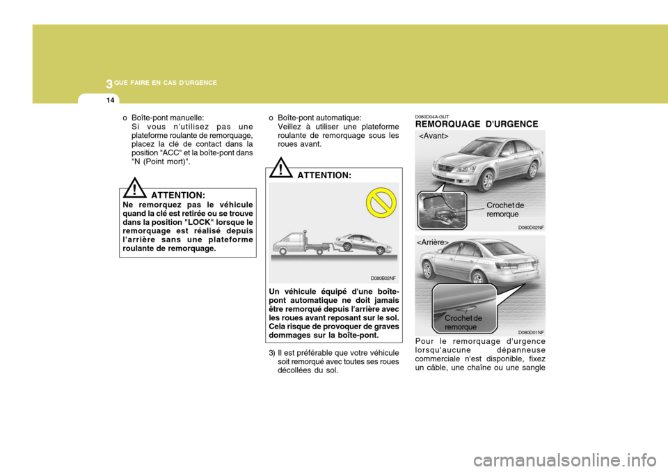 Hyundai Sonata 2007 Manuel du propriétaire (in French) 3QUE FAIRE EN CAS DURGENCE
14
D080D04A-GUT REMORQUAGE DURGENCE Pour le remorquage durgence lorsquaucune dépanneusecommerciale nest disponible, fixez un câble, une chaîne ou une sangle
!
!
Un v Hyundai Sonata 2007 Manuel du propriétaire (in French) 3QUE FAIRE EN CAS DURGENCE
14
D080D04A-GUT REMORQUAGE DURGENCE Pour le remorquage durgence lorsquaucune dépanneusecommerciale nest disponible, fixez un câble, une chaîne ou une sangle
!
!
Un v