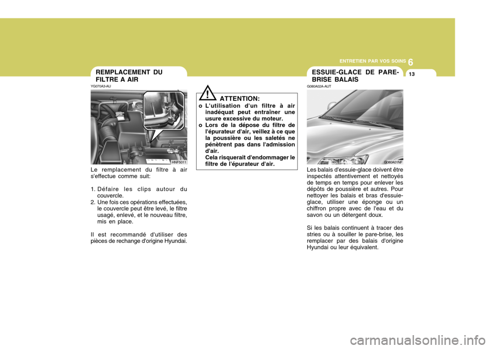 Hyundai Sonata 2007  Manuel du propriétaire (in French) 6
ENTRETIEN PAR VOS SOINS
13REMPLACEMENT DU FILTRE A AIR
YG070A3-AU Le remplacement du filtre à air seffectue comme suit:
1. Défaire les clips autour du couvercle.
2. Une fois ces opérations effec