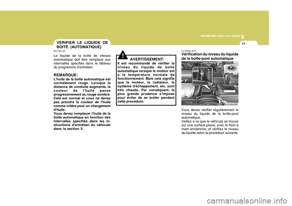 Hyundai Sonata 2007  Manuel du propriétaire (in French) 6
ENTRETIEN PAR VOS SOINS
17
G110D01NF
VERIFIER LE LIQUIDE DE BOITE (AUTOMATIQUE)
EG110A1-AV Le liquide de la boîte de vitesse automatique doit être remplacé aux intervalles spécifiés dans le tab
