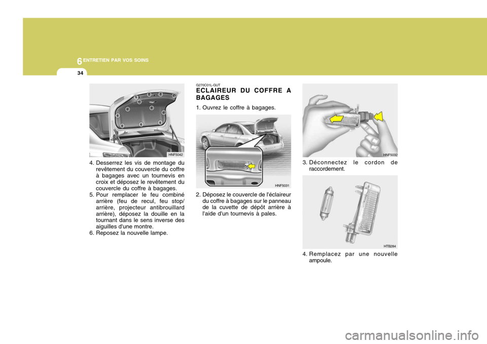 Hyundai Sonata 2007  Manuel du propriétaire (in French) 6ENTRETIEN PAR VOS SOINS
34
HNF5032
3. Déconnectez le cordon de raccordement.
4. Remplacez par une nouvelle ampoule.
HTB284
4. Desserrez les vis de montage du
revêtement du couvercle du coffre à ba