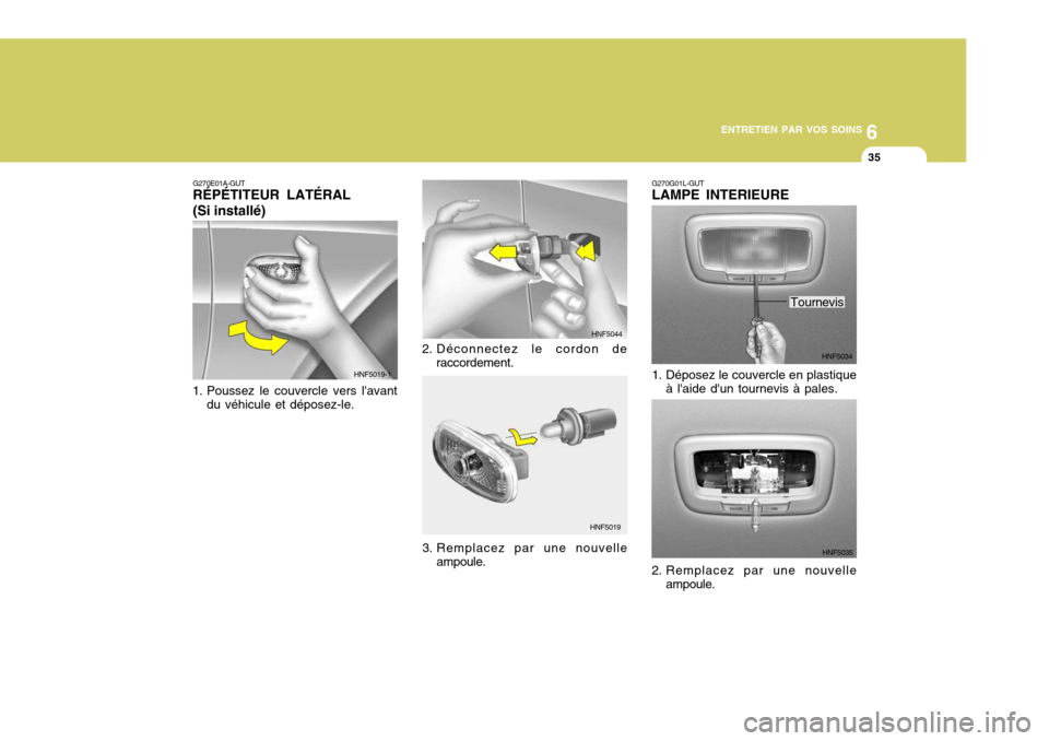 Hyundai Sonata 2007  Manuel du propriétaire (in French) 6
ENTRETIEN PAR VOS SOINS
35
2. Déconnectez le cordon de
raccordement. HNF5044
HNF5019
G270E01A-GUT RÉPÉTITEUR LATÉRAL (Si installé)
1. Poussez le couvercle vers lavant du véhicule et déposez-