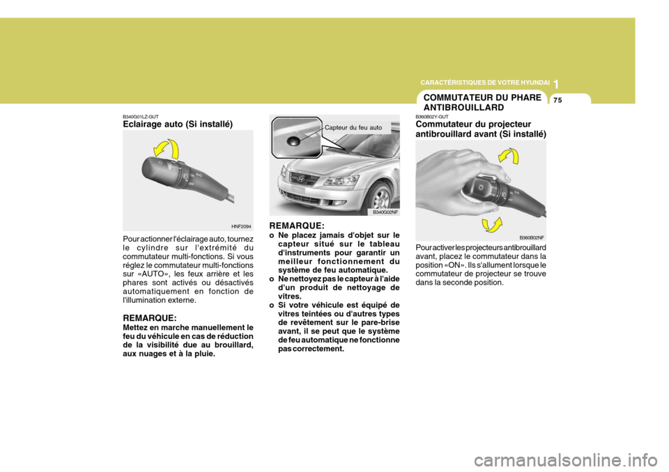 Hyundai Sonata 2007  Manuel du propriétaire (in French) 1
CARACTÉRISTIQUES DE VOTRE HYUNDAI
75
HNF2094
B340G01LZ-GUT Eclairage auto (Si installé) Pour actionner léclairage auto, tournez le cylindre sur lextrémité du commutateur multi-fonctions. Si v