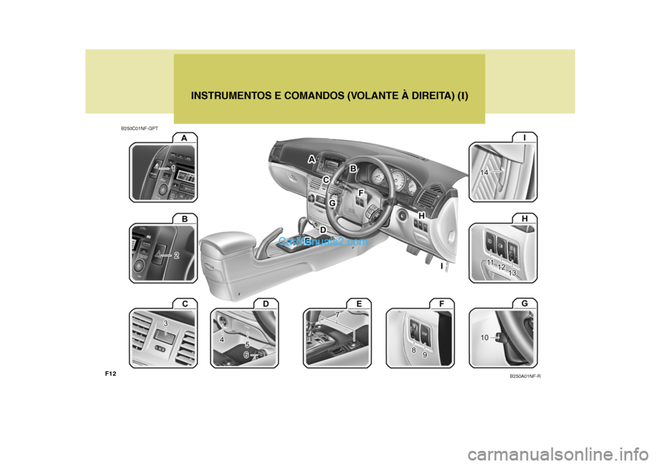 Hyundai Sonata 2007  Manual do proprietário (in Portuguese) INSTRUMENTOS E COMANDOS (VOLANTE À DIREITA) (I)
B250C01NF-GPT
B250A01NF-R
F12   