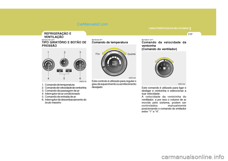 Hyundai Sonata 2007  Manual do proprietário (in Portuguese) 1
CARACTERÍSTICAS DO SEU HYUNDAI
117
B670B03Y-APT Comando da velocidade da ventoinha(Comando do ventilador)
REFRIGERAÇÃO E VENTILAÇÃO
B670A01NF-GPT TIPO GIRATÓRIO E BOTÃO DE PRESSÃO 
1. Comand