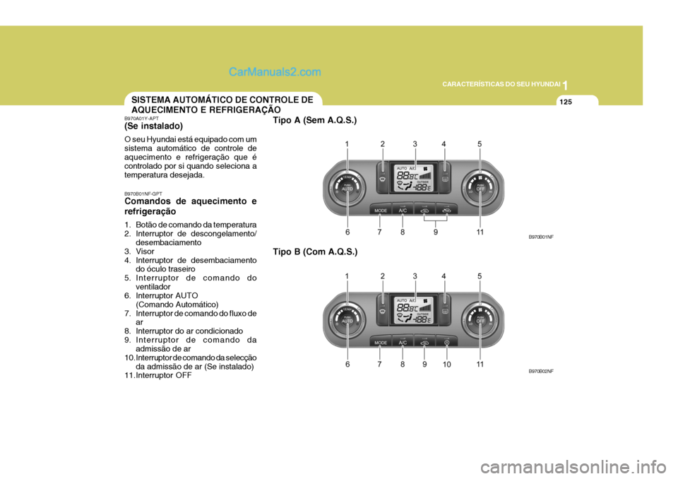 Hyundai Sonata 2007  Manual do proprietário (in Portuguese) 1
CARACTERÍSTICAS DO SEU HYUNDAI
125SISTEMA AUTOMÁTICO DE CONTROLE DE AQUECIMENTO E REFRIGERAÇÃO
B970A01Y-APT (Se instalado) O seu Hyundai está equipado com um sistema automático de controle dea