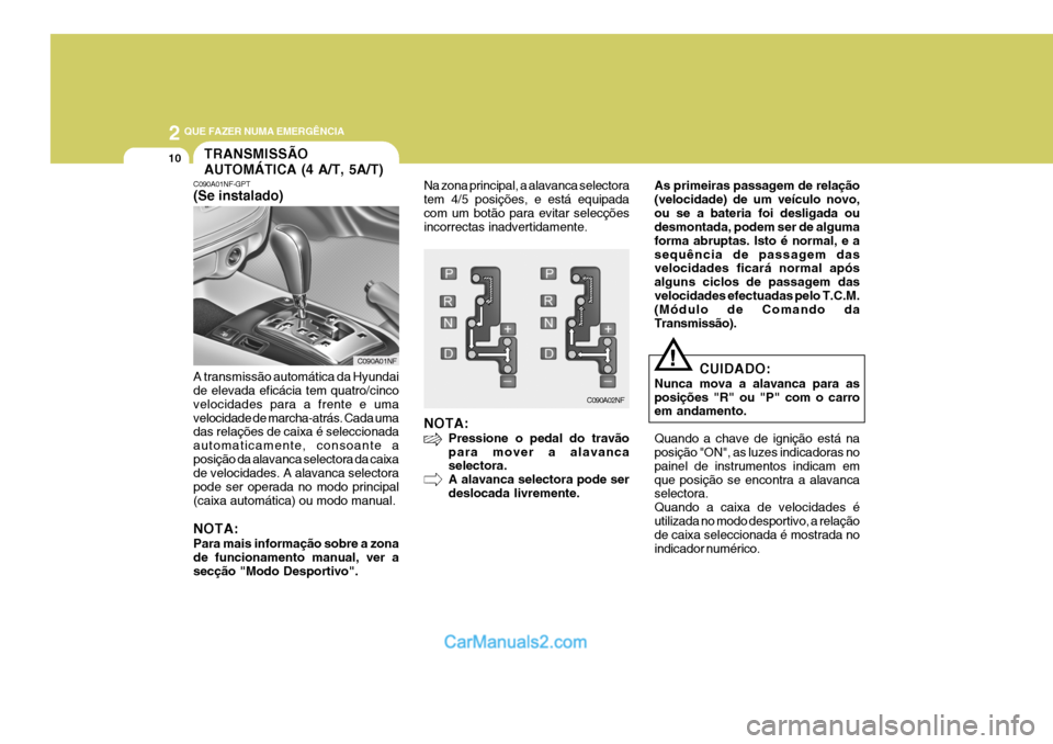 Hyundai Sonata 2007  Manual do proprietário (in Portuguese) 2 QUE FAZER NUMA EMERGÊNCIA
10TRANSMISSÃO AUTOMÁTICA (4 A/T, 5A/T)
C090A01NF-GPT (Se instalado) A transmissão automática da Hyundai de elevada eficácia tem quatro/cinco velocidades para a frente