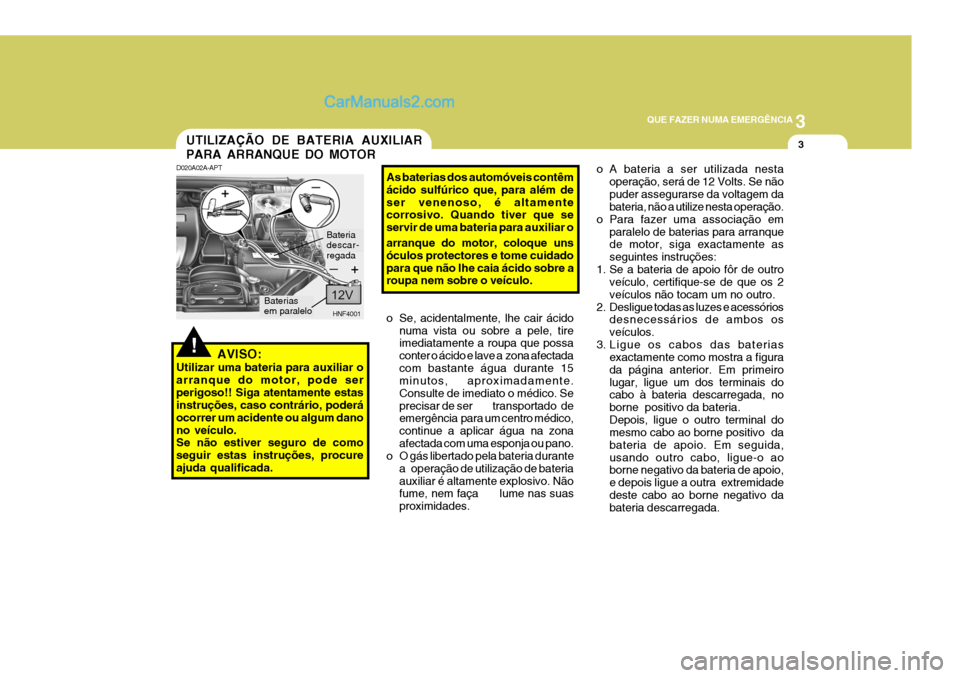 Hyundai Sonata 2007  Manual do proprietário (in Portuguese) 3
QUE FAZER NUMA EMERGÊNCIA
3
!
UTILIZAÇÃO DE BATERIA AUXILIAR PARA ARRANQUE DO MOTOR
D020A02A-APT
AVISO:
Utilizar uma bateria para auxiliar o arranque do motor, pode serperigoso!! Siga atentamente
