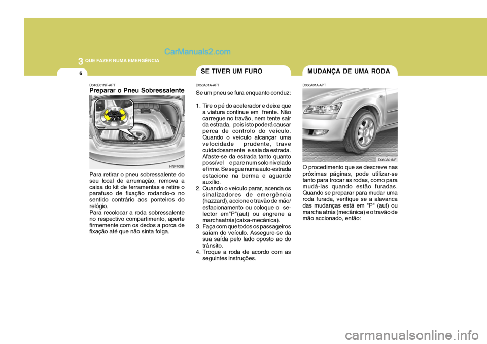 Hyundai Sonata 2007  Manual do proprietário (in Portuguese) 3 QUE FAZER NUMA EMERGÊNCIA
6MUDANÇA DE UMA RODASE TIVER UM FURO
D060A01A-APT O procedimento que se descreve nas próximas páginas, pode utilizar-se tanto para trocar as rodas, como para mudá-las 