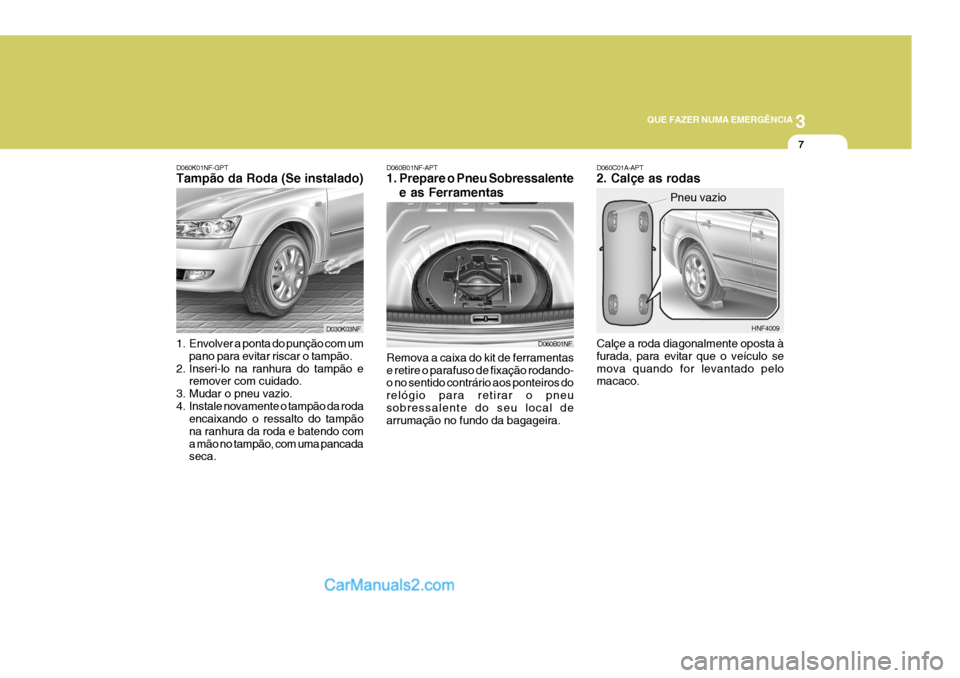 Hyundai Sonata 2007  Manual do proprietário (in Portuguese) 3
QUE FAZER NUMA EMERGÊNCIA
7
D060K01NF-GPT Tampão da Roda (Se instalado) D060C01A-APT2. Calçe as rodas Calçe a roda diagonalmente oposta à furada, para evitar que o veículo semova quando for le